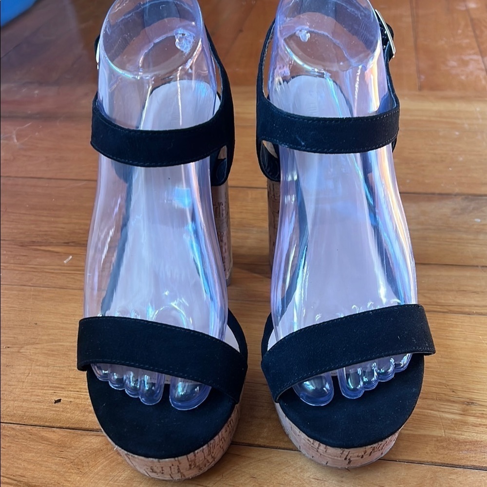 Forever 21 Platform Cork Heels Black Ankle Strap Size 8.5 - Picture 3 of 7